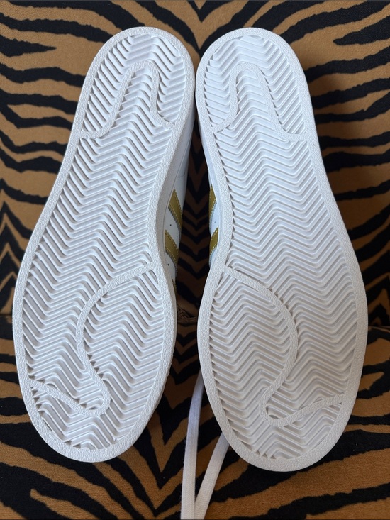 Adidas Superstar White Gold Stripe Clam Shell Toe Sneaker  adidas Superstar White Sneakers with Gold Stripes - women’s 8